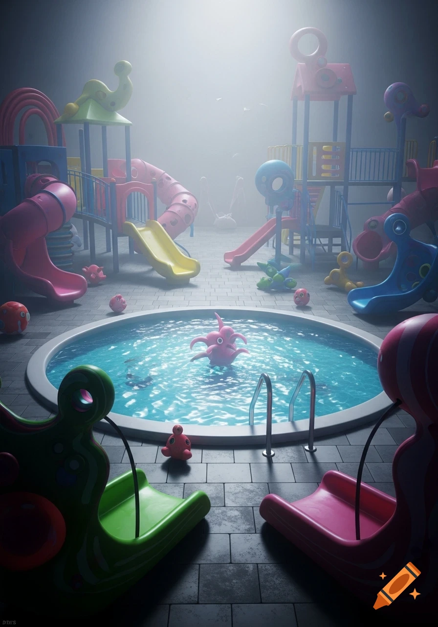 A surreal, eerie playground with colorful equipment and slides, a pool featuring a pink octopus-like creature, bathed in hazy, dim light.