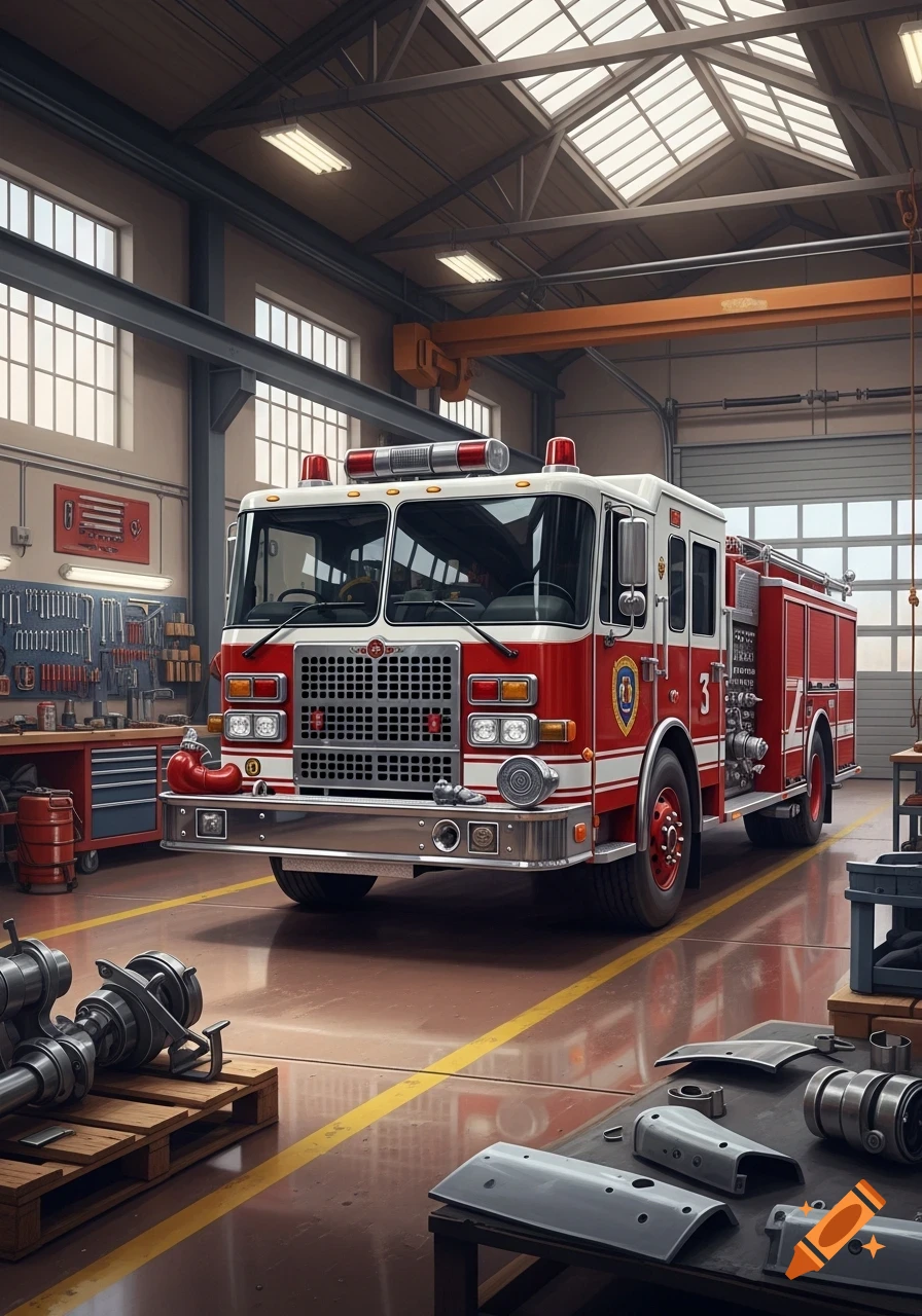 A detailed, photorealistic red and white fire truck parked inside a well-equipped workshop with tools and parts.