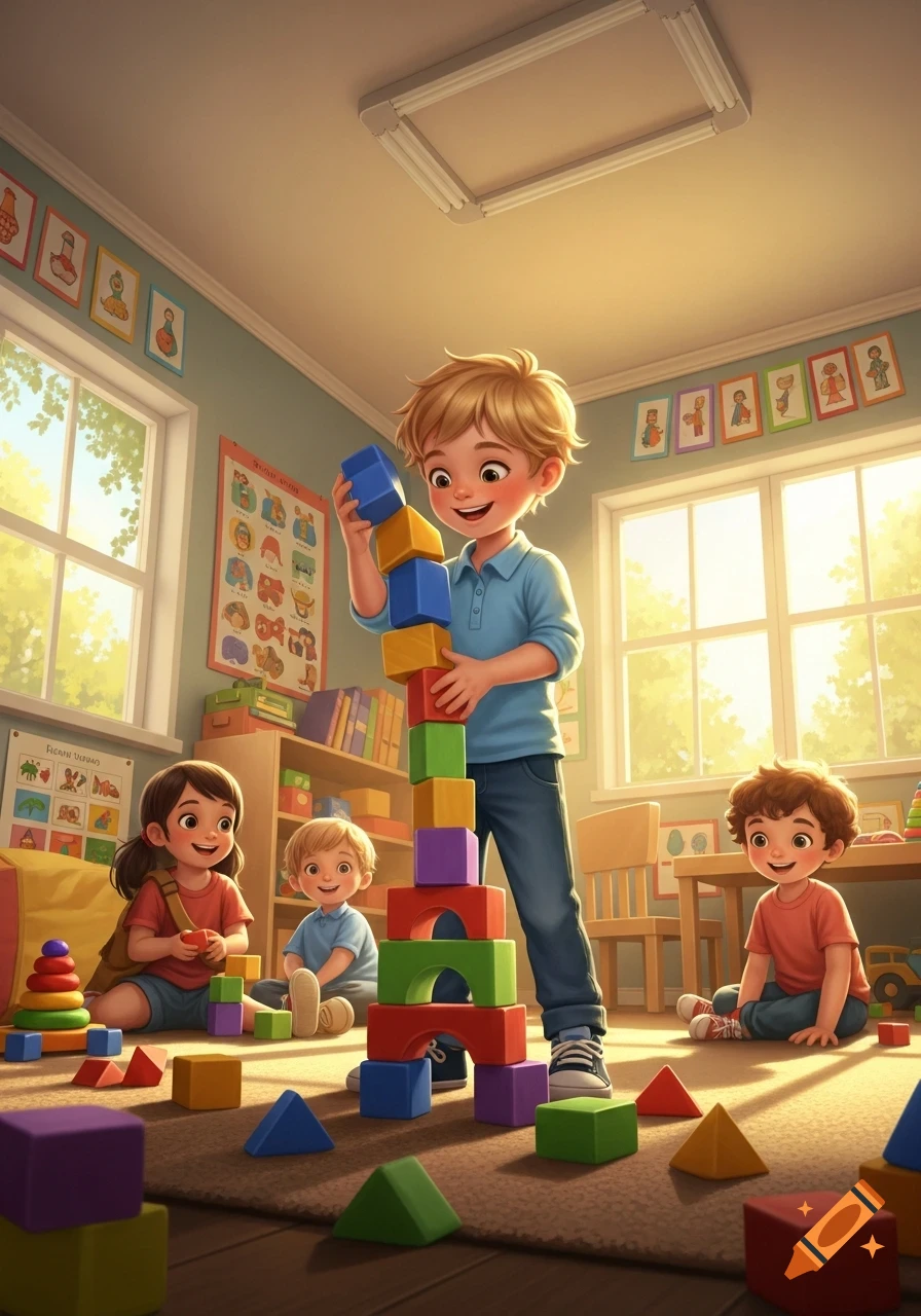 Cartoon illustration of three children playing with colorful building blocks in a bright, sunlit playroom.