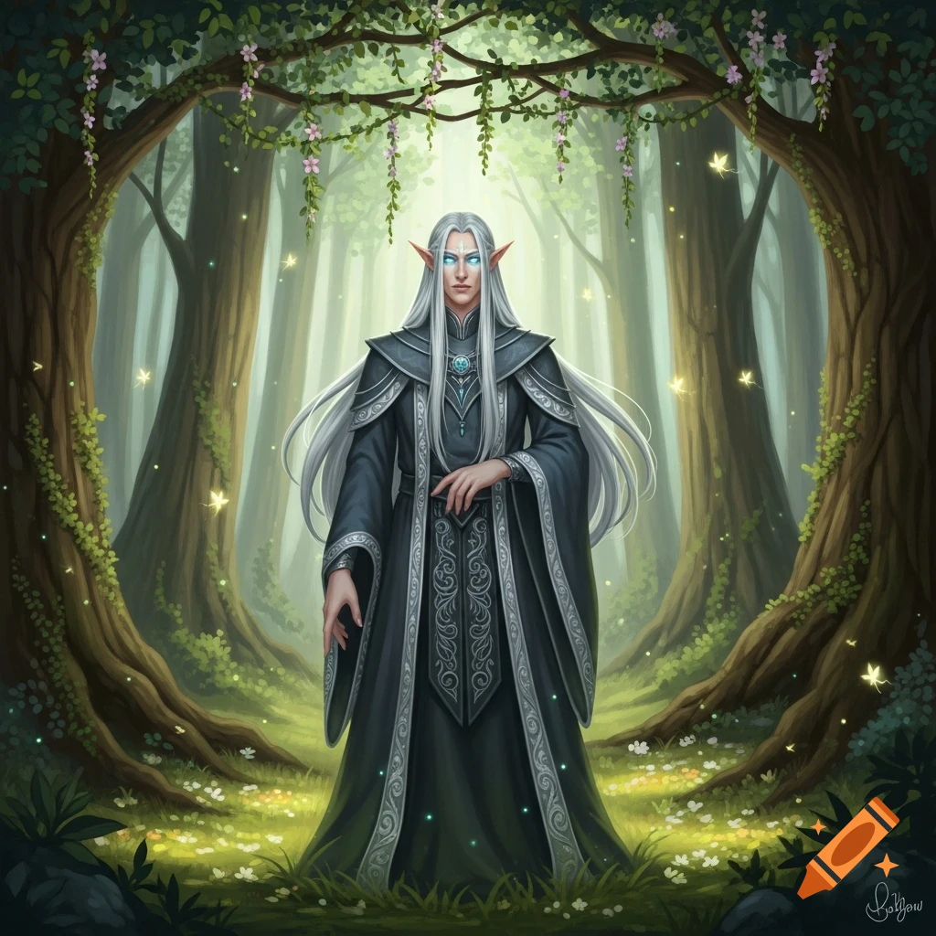 A tall male elf with long white hair, glowing blue eyes, and dark robes stands in a magical forest with luminous fireflies.