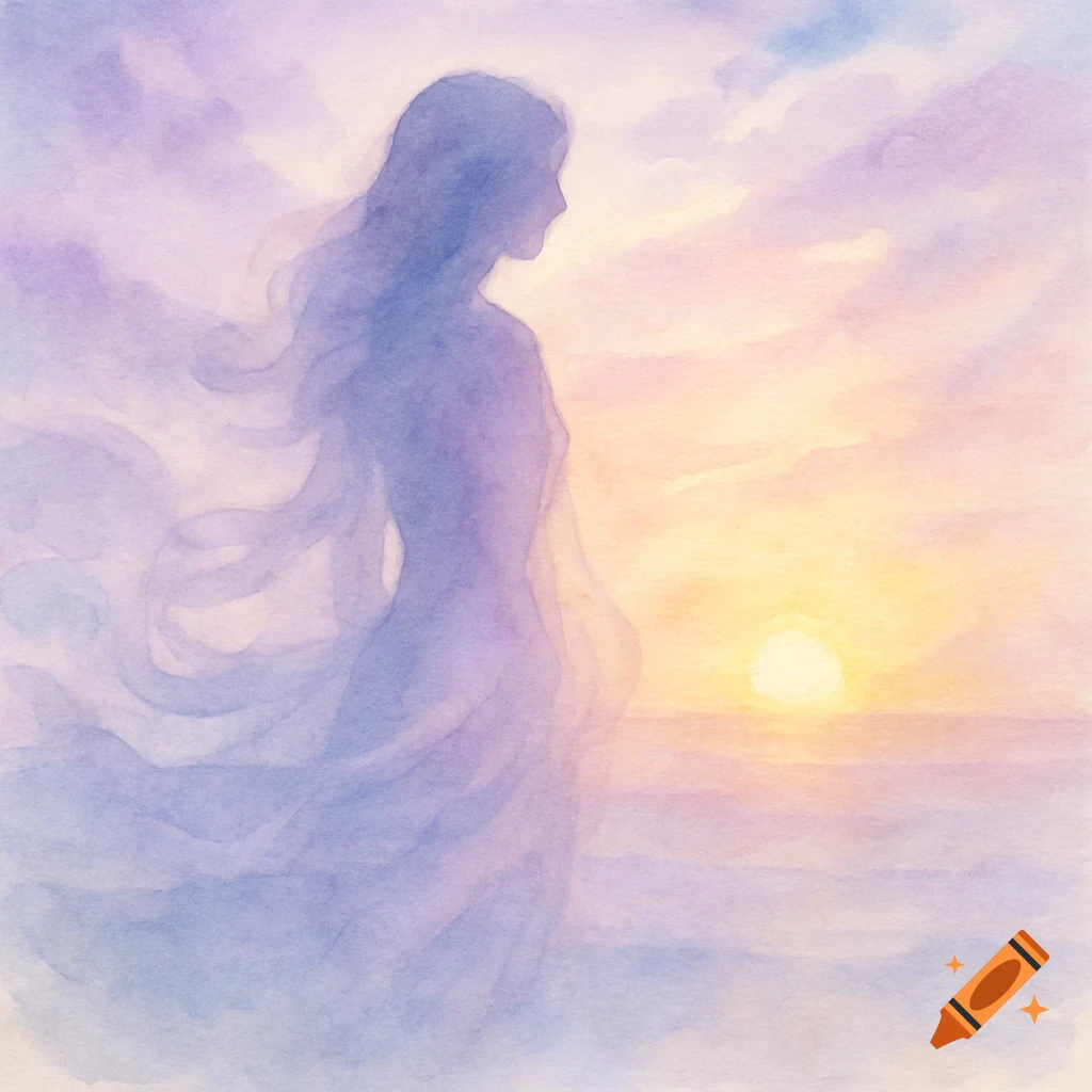 Watercolor painting of a woman's silhouette in flowing robes, looking at a pastel sunset over the ocean.
