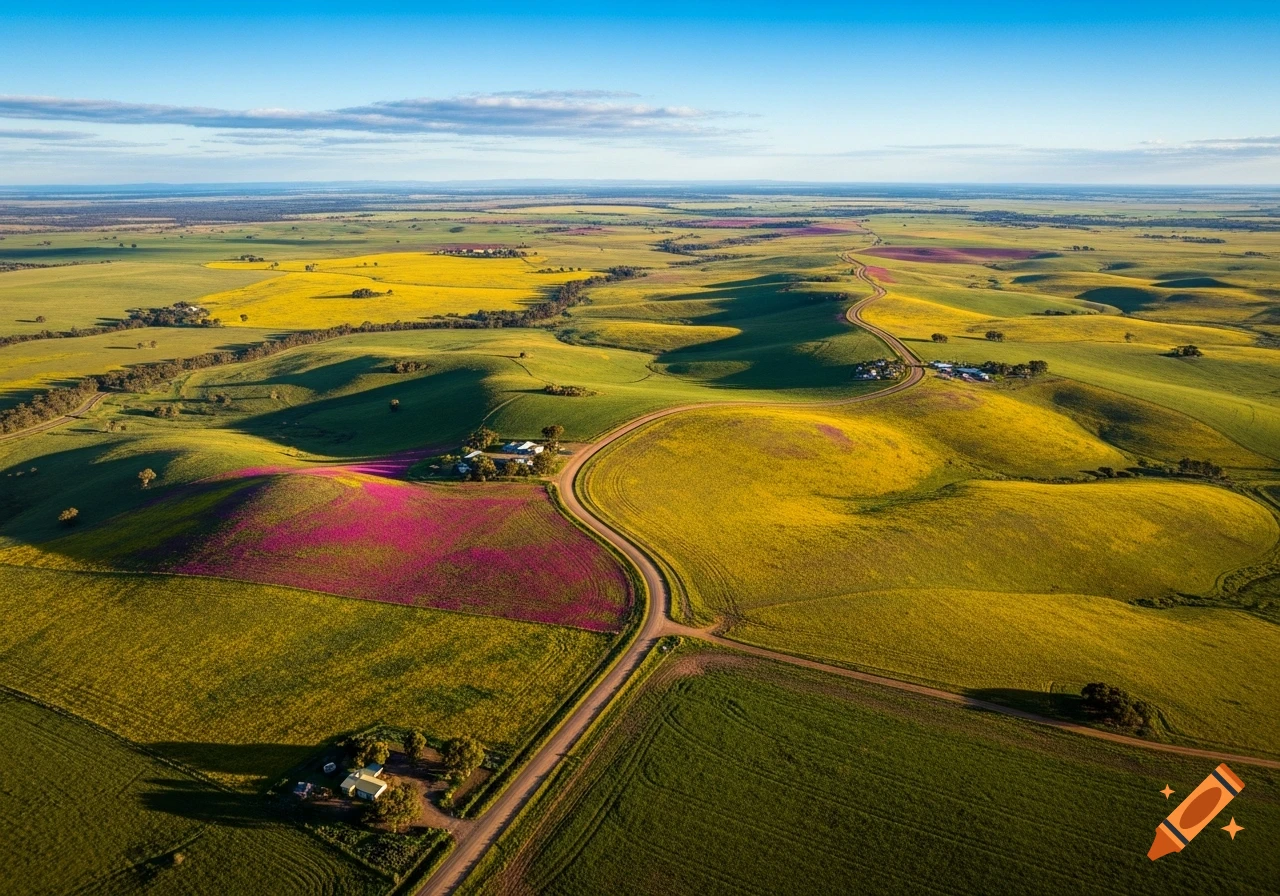 Aerial view of a vibrant rural landscape with yellow and pink fields, winding dirt roads, and scattered farmhouses under a blue sky.
