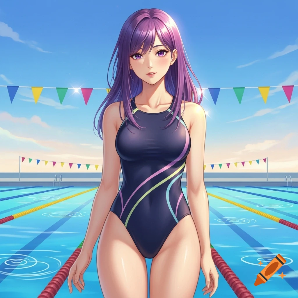 Anime woman with purple hair in a dark competition swimsuit with colorful stripes stands by a swimming pool under a blue sky.