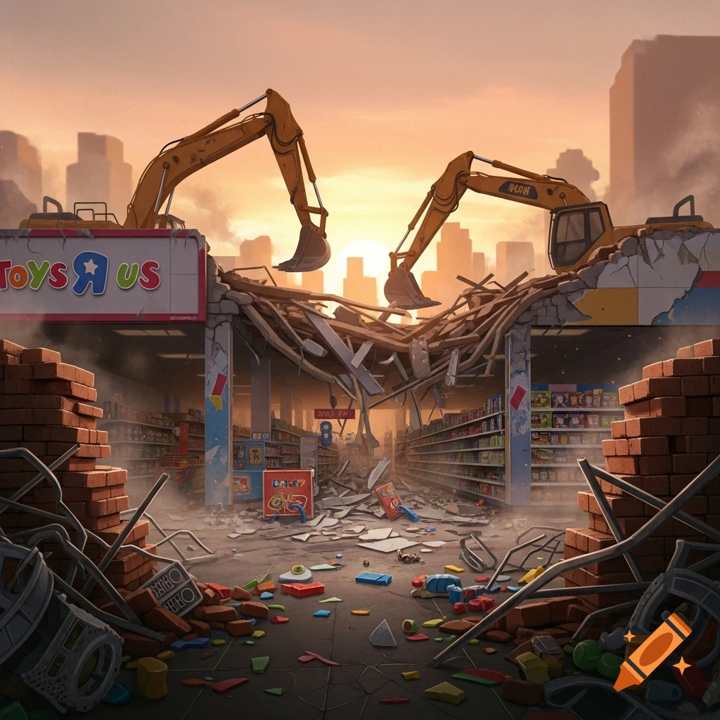 An illustrated Toys 'R' Us store being demolished by excavators at sunset, debris scattered inside.