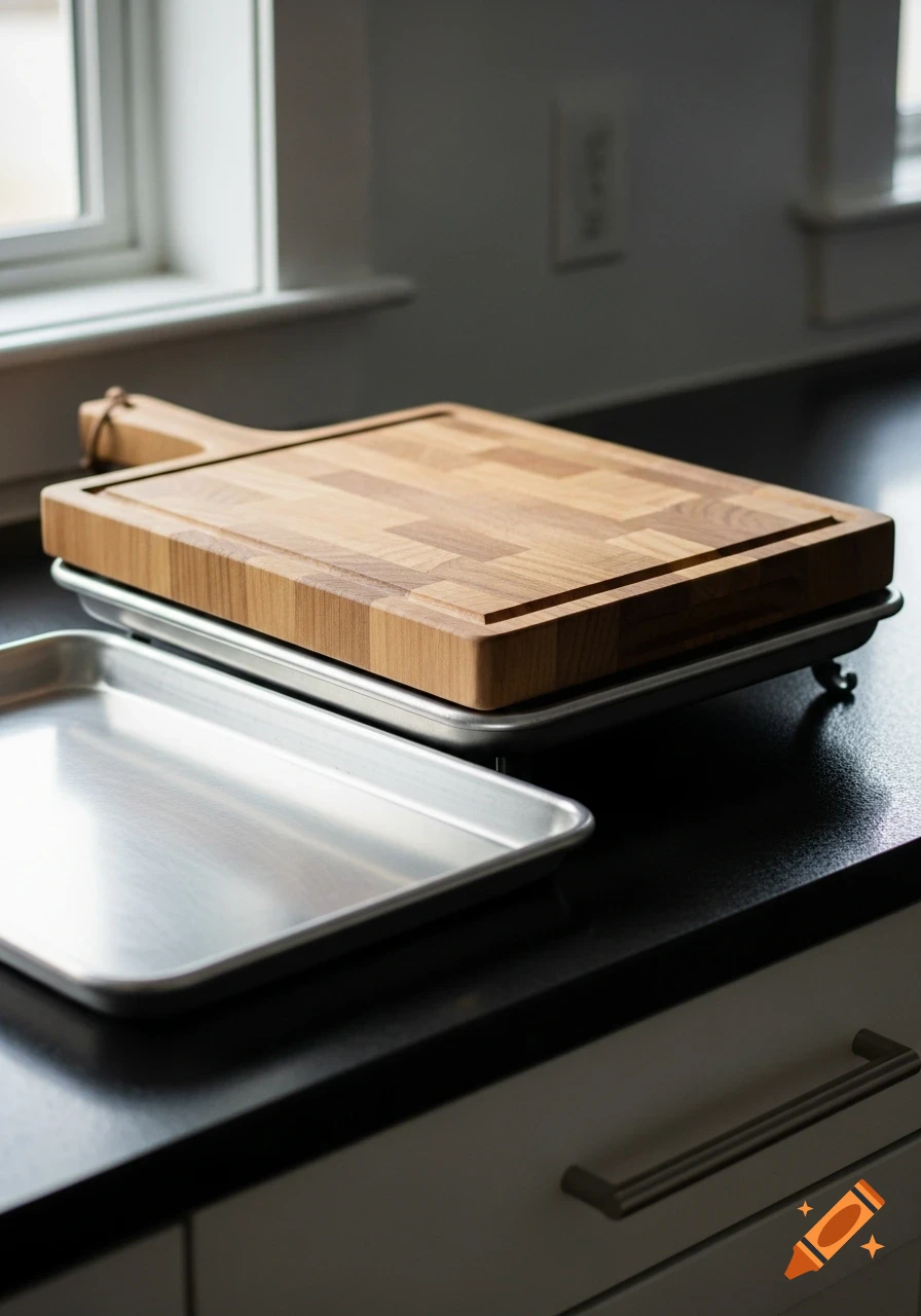 A photorealistic image of a wooden carving board set over a metal drip pan, with another metal sheet pan beside it on a dark kitchen counter next to a window.