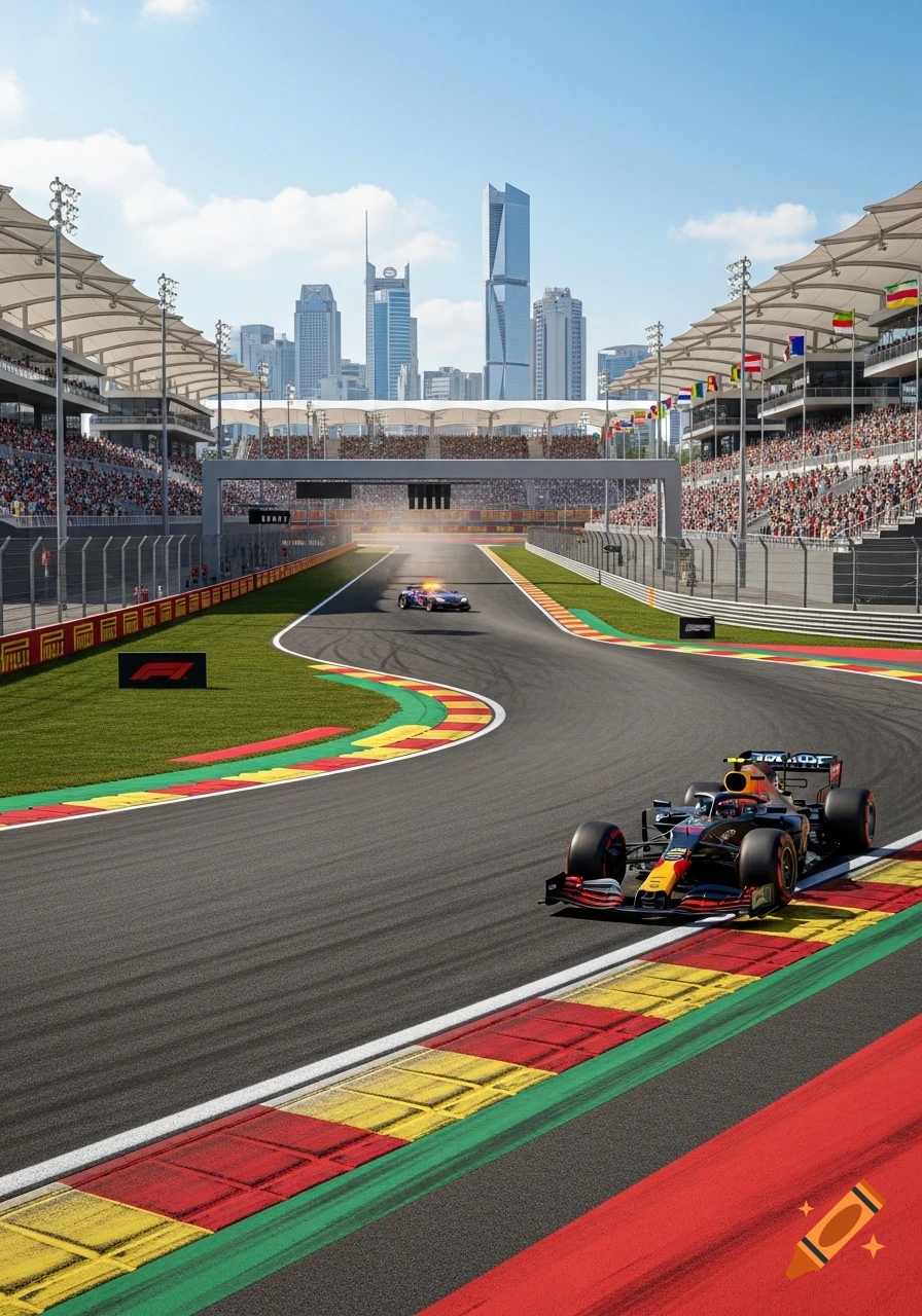 A photorealistic F1 race car speeds around a track corner with a city skyline in the background and filled grandstands.