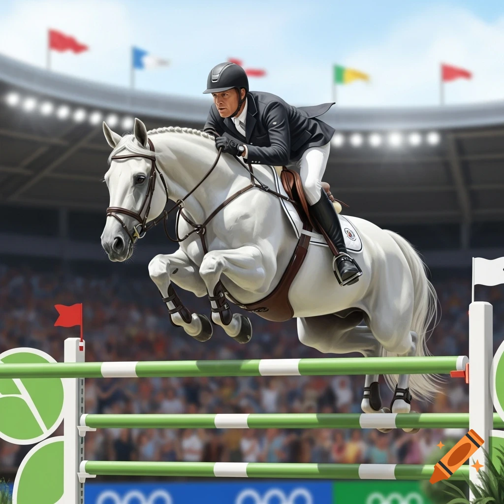 Photorealistic image of a man on a white horse jumping a green and white hurdle in a stadium with blurred crowds and flags.