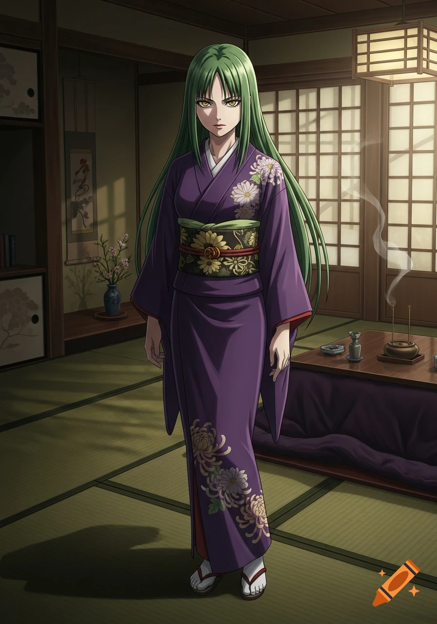 An anime woman with long green hair and a serious expression, wearing a purple kimono with floral patterns, stands in a traditional Japanese room.