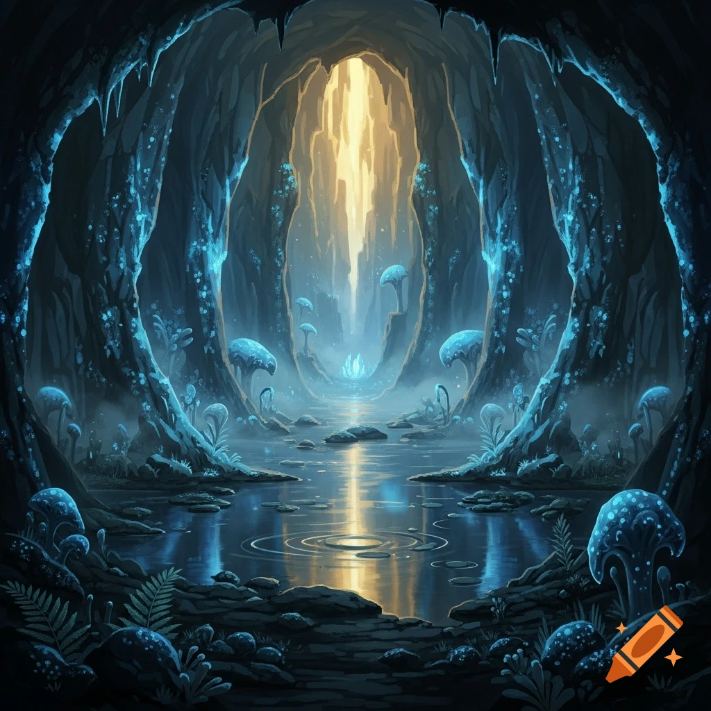 A luminous fantasy cave with glowing blue mushrooms, a reflective water path, and a bright golden light streaming from the cavern ceiling.