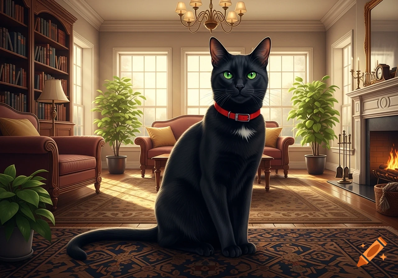 A photorealistic black cat with green eyes and a red collar sits on a patterned rug in a warm, sunlit living room.