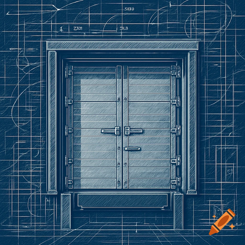 A detailed blueprint-style technical drawing of a loading dock door for a logistics warehouse, with various lines and annotations.