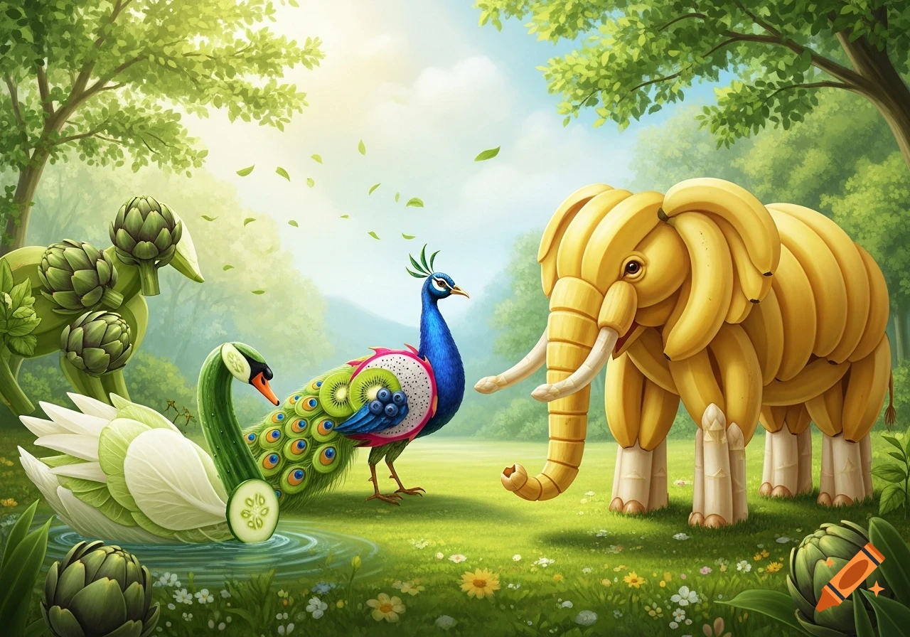 A whimsical illustration of an elephant made of bananas, a peacock of dragon fruit and kiwi, a swan of cabbage and cucumber, and an artichoke animal, all in a lush green forest.