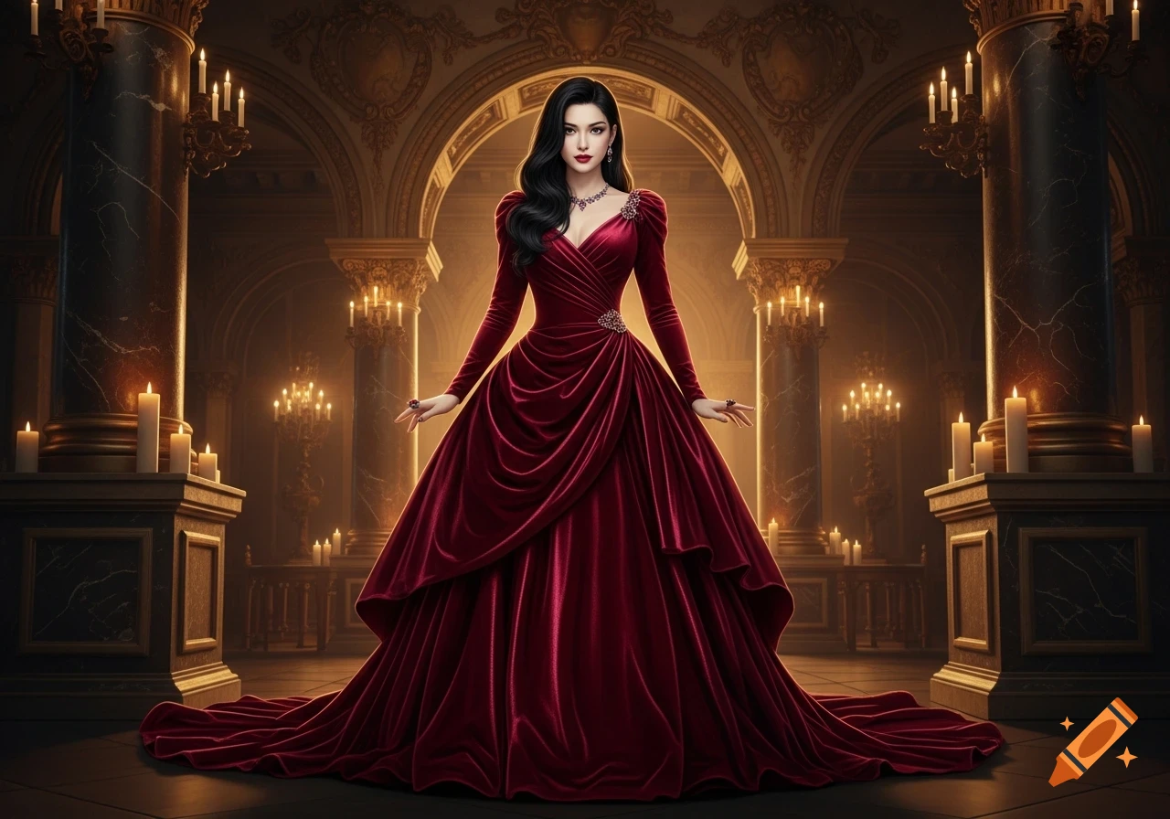 A woman with dark hair in a flowing red velvet gown stands in a grand, candlelit hall with ornate architecture.