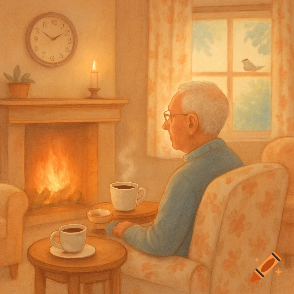 An elderly man with white hair and glasses sits in an armchair by a warm fireplace, with two cups of coffee on tables. A clock and a lit candle are on the mantel, and a bird is visible outside a window.