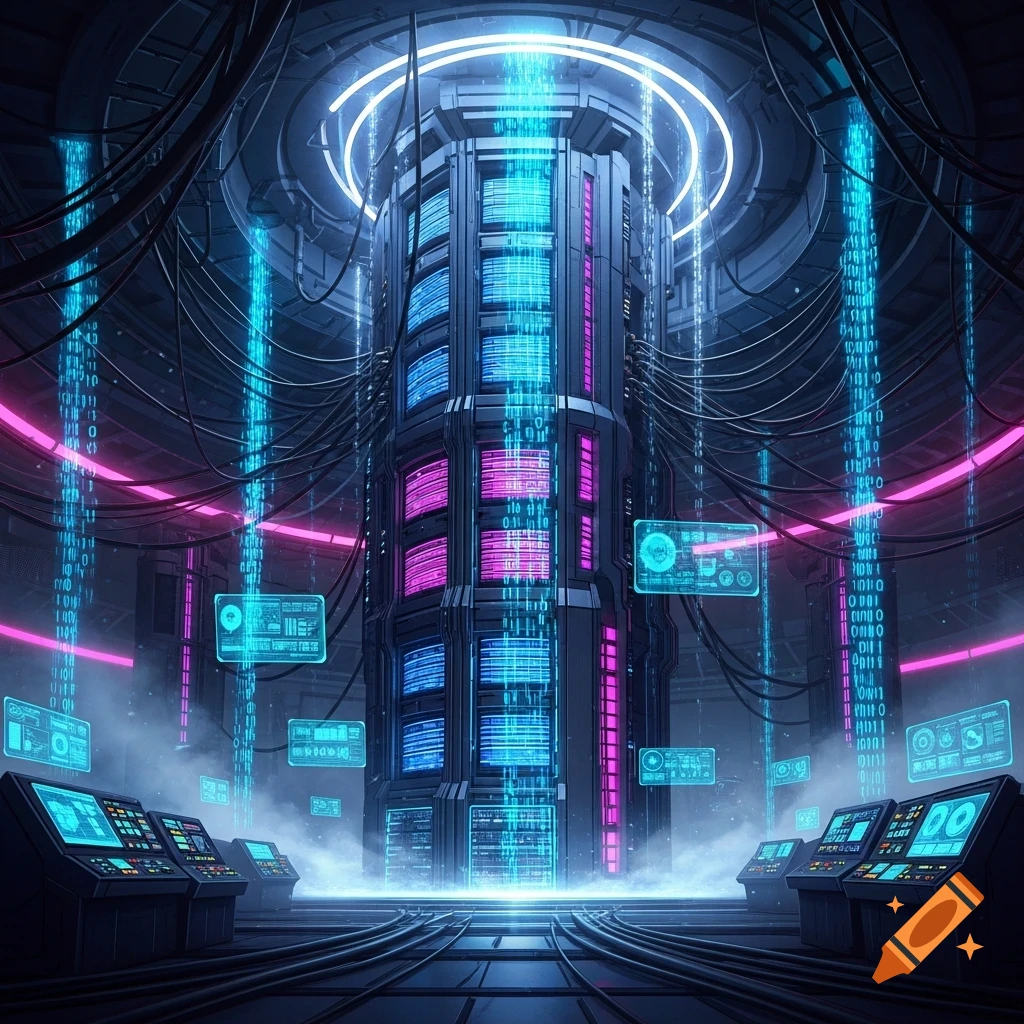 A futuristic mainframe server room with a large central tower glowing with blue and pink neon lights, digital data streams, and control panels.