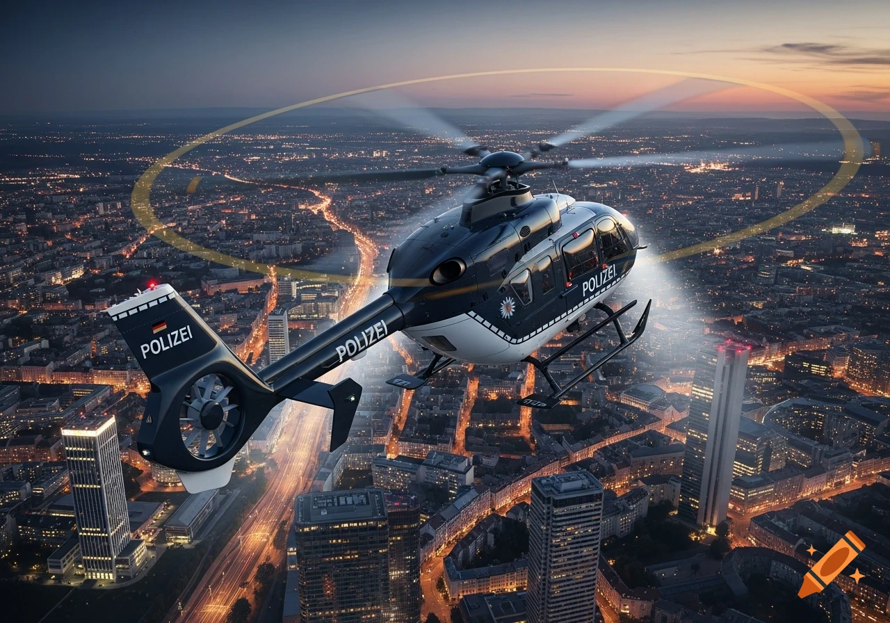 A police helicopter with "POLIZEI" written on its side flies over a sprawling, brightly lit city at dusk, rotor blades blurred with motion.