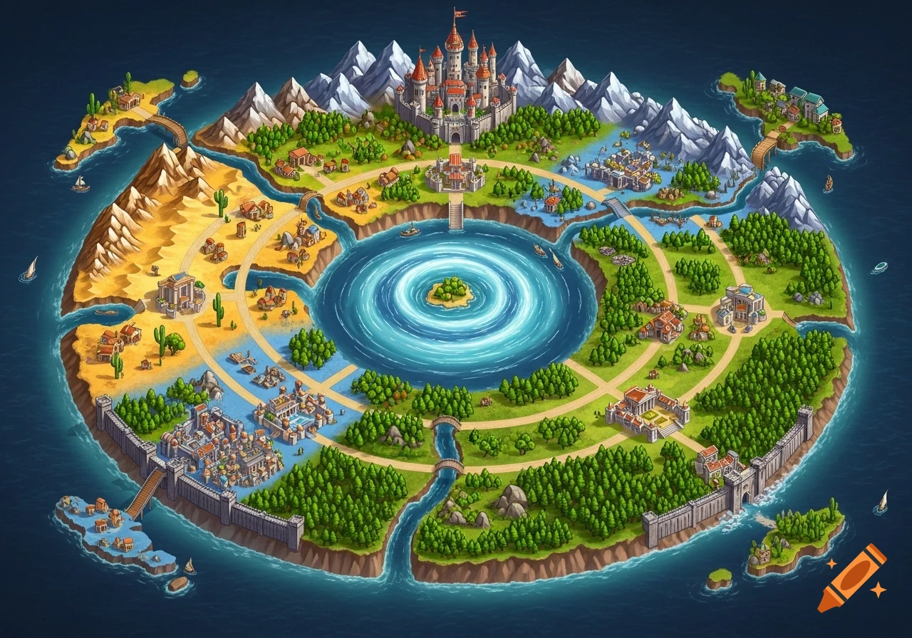 An isometric fantasy map of a donut-shaped continent with a central whirlpool, diverse biomes, villages, a castle, and roman-style cities.
