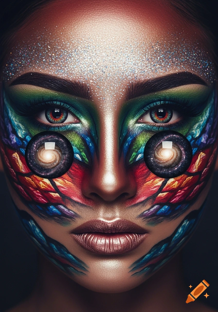 Close-up of a woman's face with intricate, colorful special effects makeup, glitter, and galaxy-like patterns on her cheeks.
