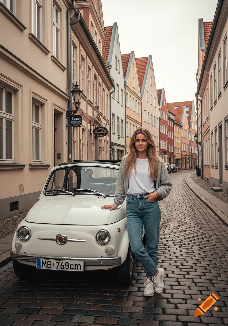 Young woman in casual clothes stands next to a white vintage Fiat 500 on a cobblestone street lined with colorful European buildings.