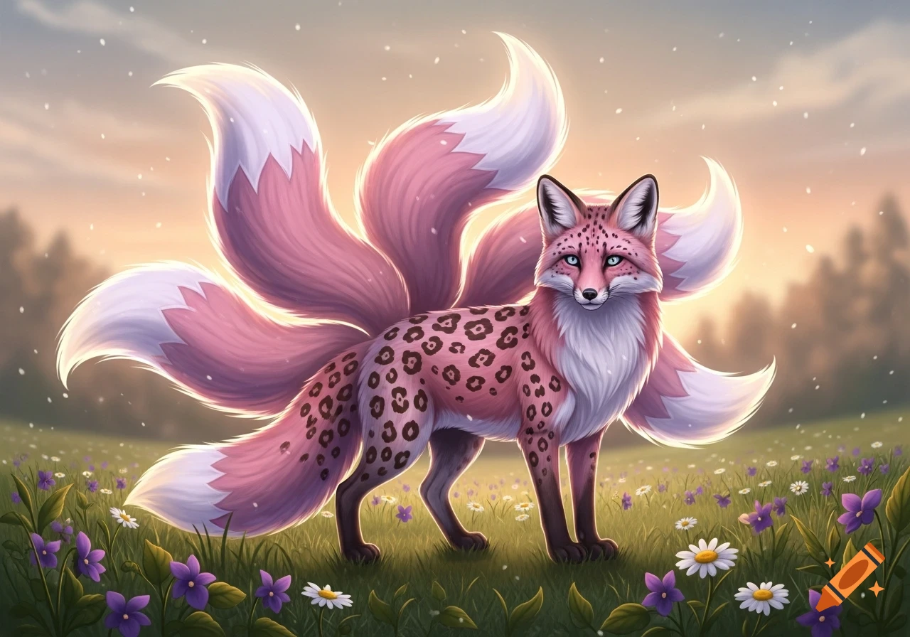A pink fantasy fox with blue eyes, leopard spots, and multiple pink and white tails stands in a vibrant field of purple and white flowers under a soft sky.