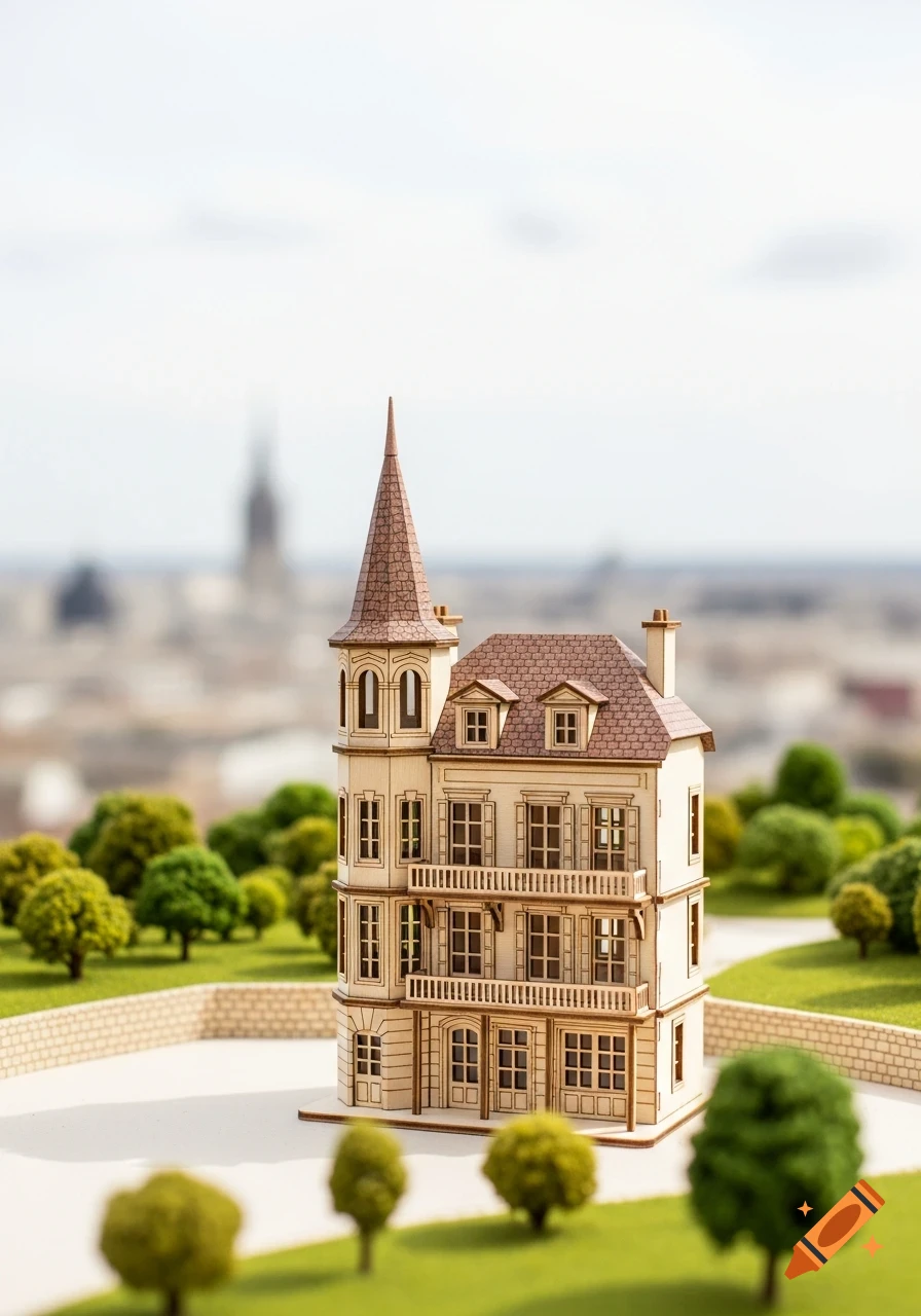 A detailed wooden model of a traditional multi-story house with a spire and balconies, set in a miniature green landscape with blurred city background.
