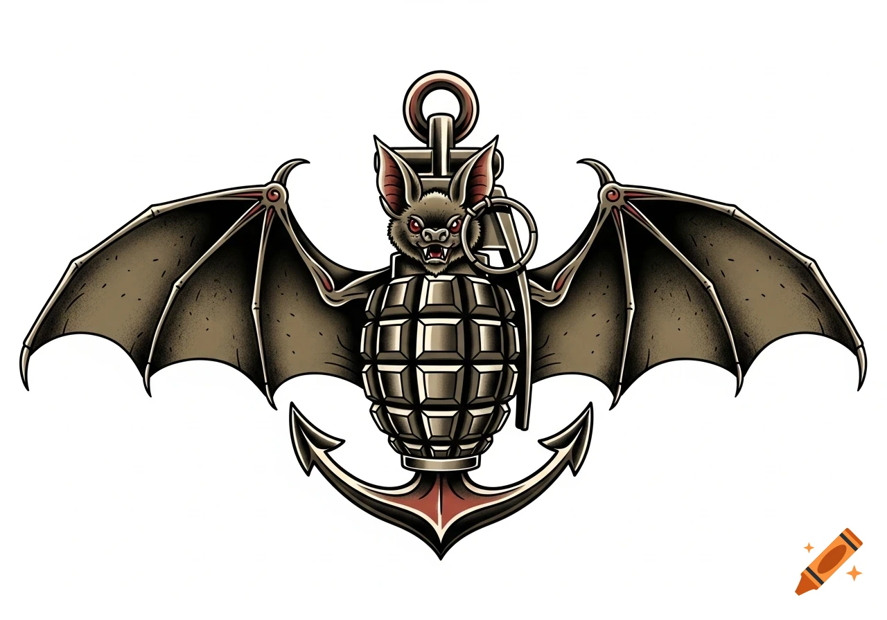 Stylized old-school tattoo art of a bat with a grenade body and an anchor.