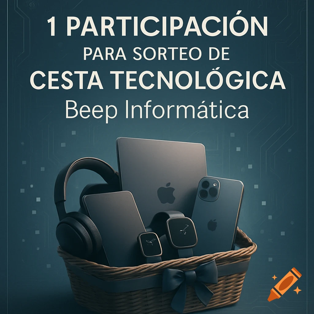 A woven basket filled with a laptop, smartphone, headphones, and smartwatches, with promotional text about a technology raffle.