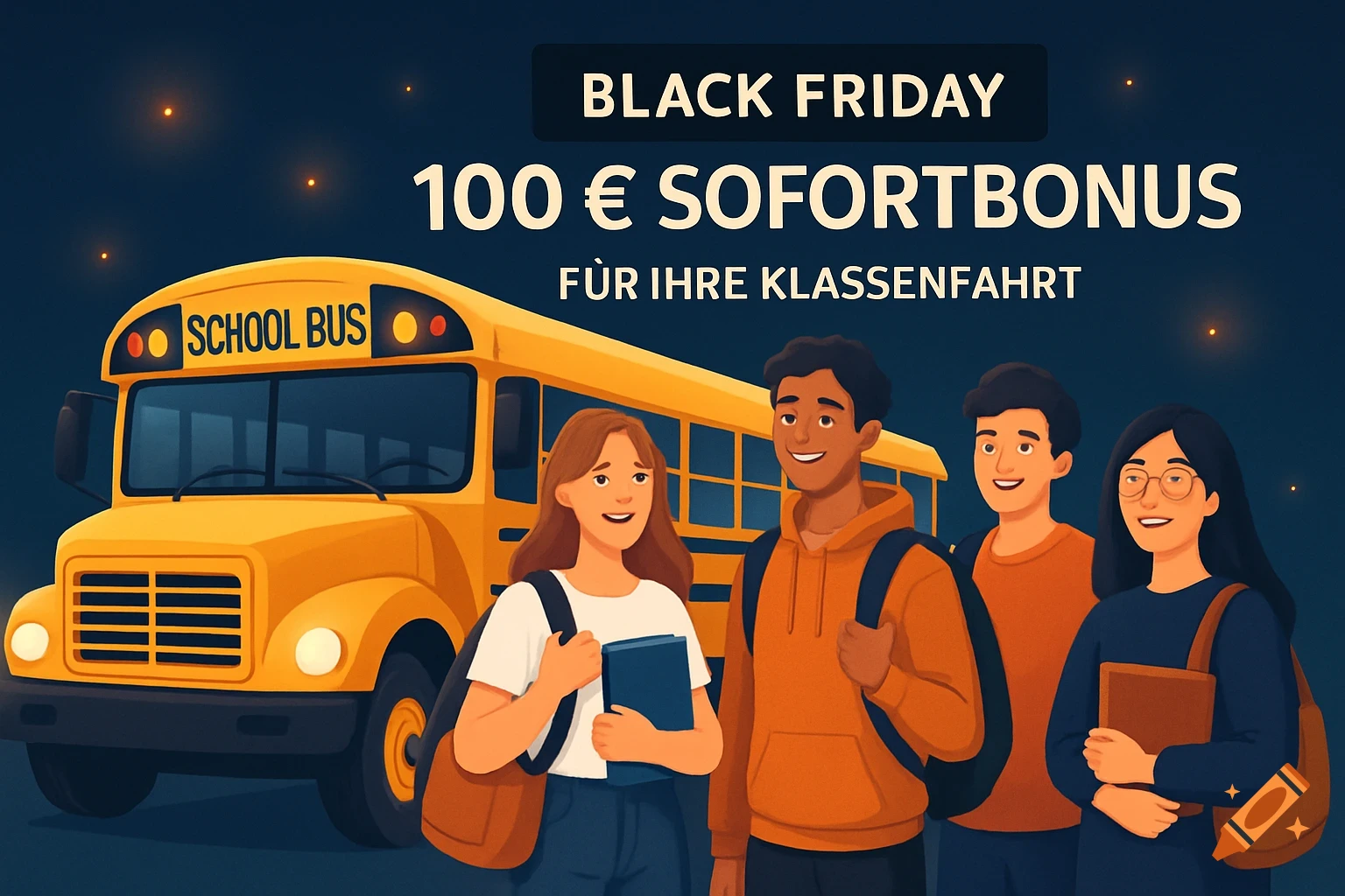 Illustration of a yellow school bus and four happy students with backpacks, advertising a 'Black Friday' school trip bonus.