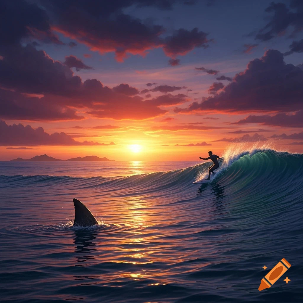 A silhouette of a surfer riding a wave at sunset, with a shark fin visible in the golden reflection on the water.