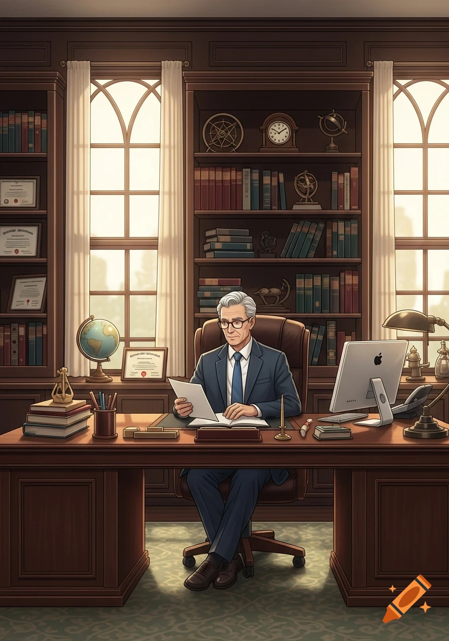 A man with gray hair and glasses sits at a large wooden desk in a richly paneled office with bookshelves and large arched windows, reading a document.