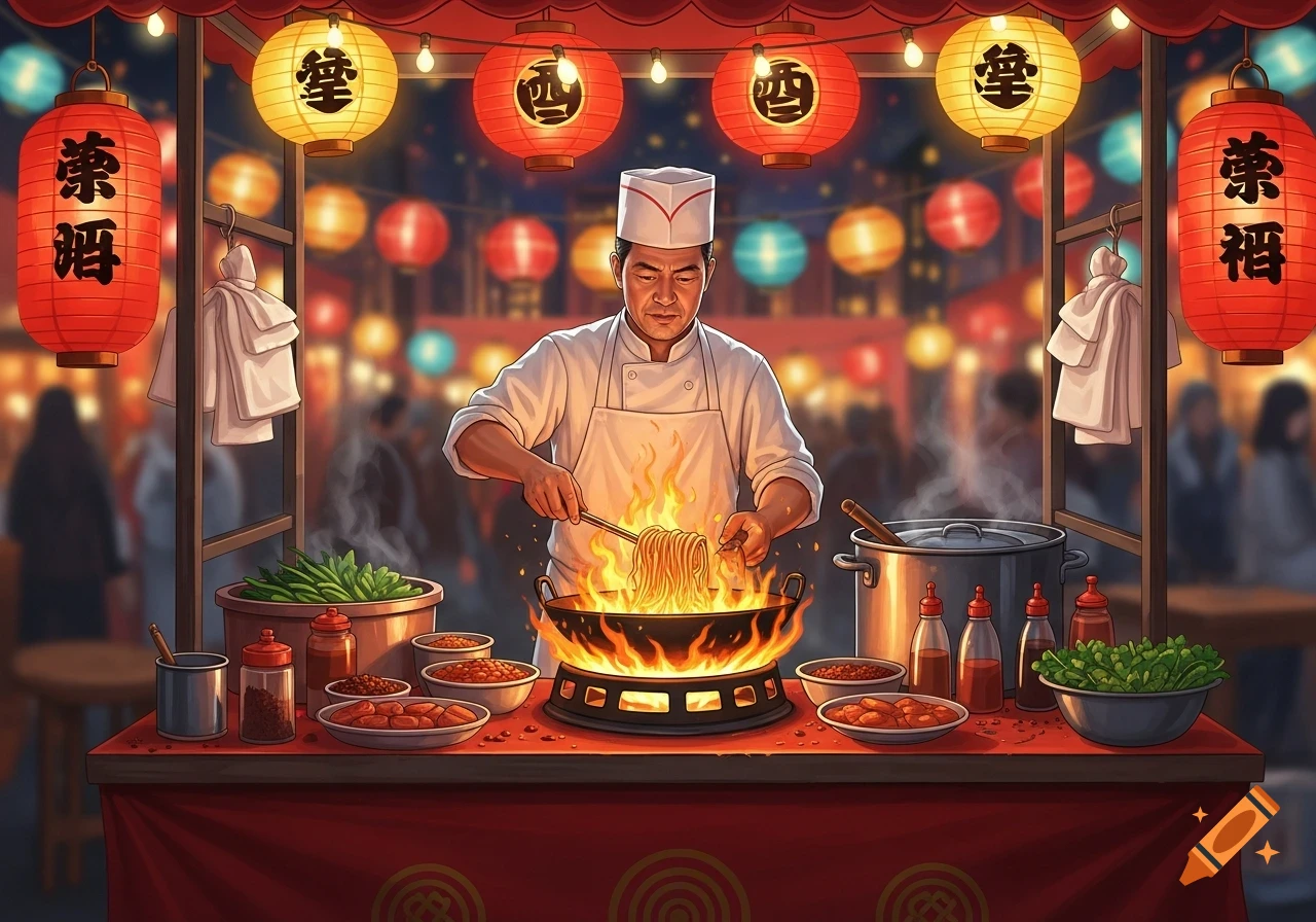 A chef stir-fries noodles over a fiery wok at a vibrant Chinese night market with glowing lanterns, in digital art style.