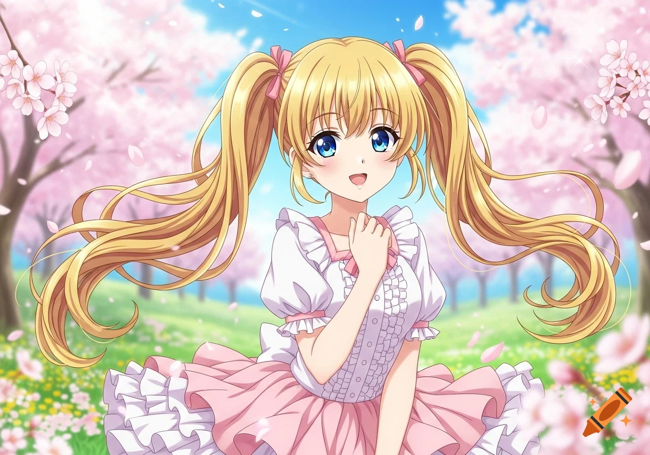 A smiling anime girl with blonde pigtails and blue eyes in a white and pink frilly dress, standing under cherry blossom trees in a sunny spring field.