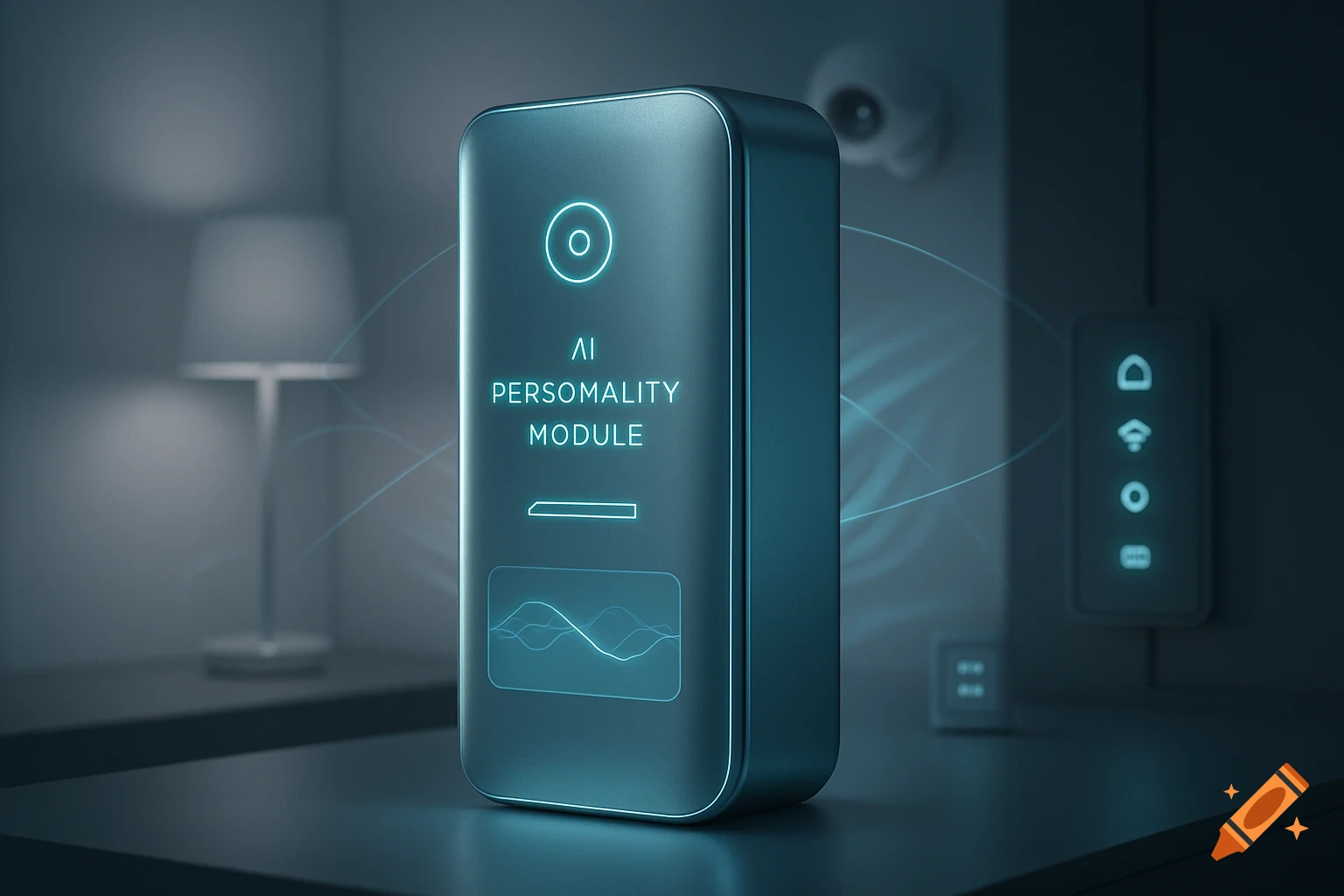 A sleek, glowing AI Personality Module on a table in a dimly lit smart home, communicating with other devices.