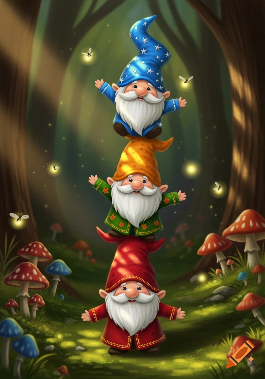 Three cartoon gnomes stacked on each other in blue, green, and red hats, surrounded by glowing fireflies and mushrooms in a whimsical forest.