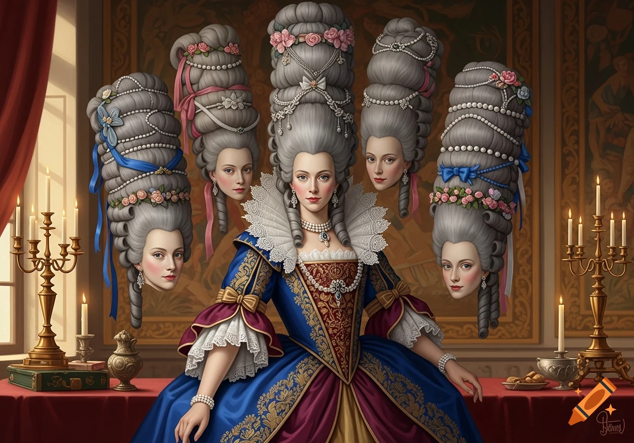 A woman in a blue and gold 16th-century gown with a high lace collar is surrounded by five floating heads, each with elaborate grey baroque wigs decorated with pearls and flowers, in a grand room.
