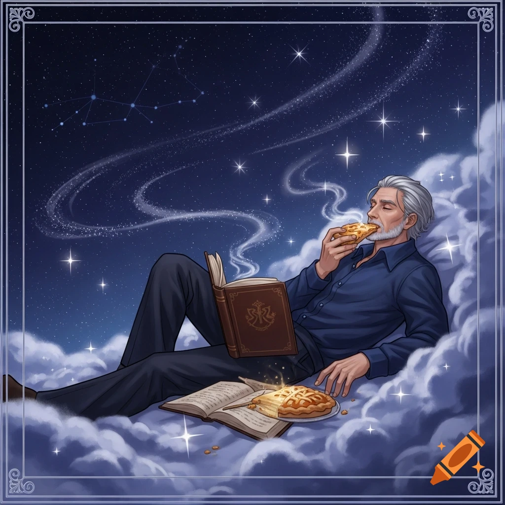 An illustrative image of a man with gray hair lounging on clouds under a starry night sky, reading a book and eating a slice of pie.