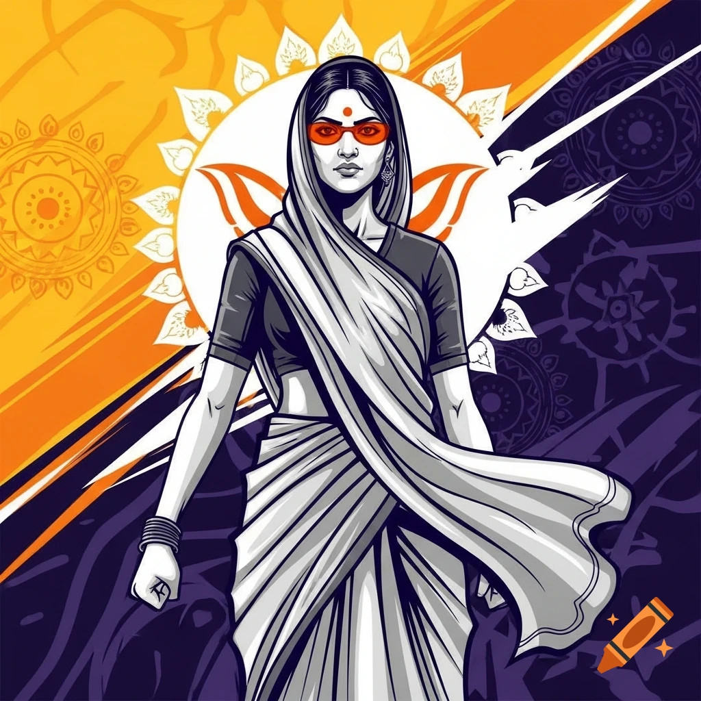 A bold, graphic novel illustration of an Indian woman in a saree and red sunglasses, standing defiantly against an orange and purple background.
