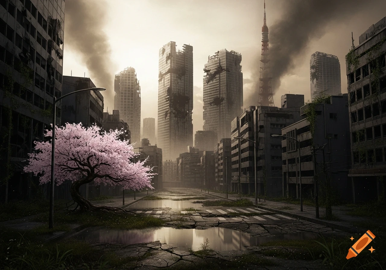 A vibrant pink cherry blossom tree stands amidst the ruins of a post-apocalyptic city, with crumbling buildings and smoke-filled skies.