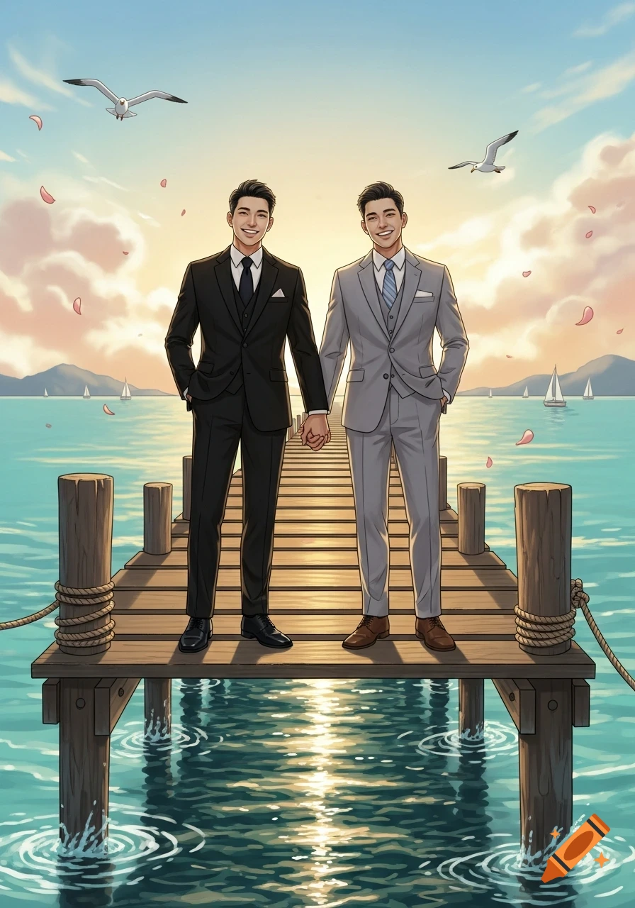 Illustration of two men in suits holding hands on a wooden pier at sunset, with sailboats and rose petals on the water.