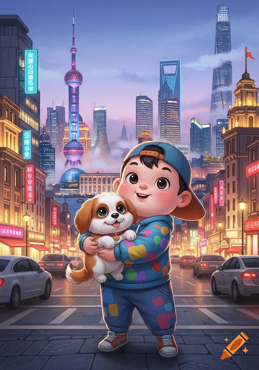 A smiling cartoon boy in a blue cap holds a fluffy dog, standing on a city street with neon signs and Shanghai skyscrapers in the background.