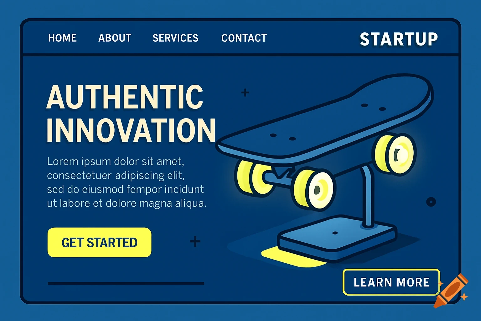 An illustrated website design for a startup, featuring a blue skateboard lamp with glowing wheels and text 'AUTHENTIC INNOVATION' on a dark blue background.