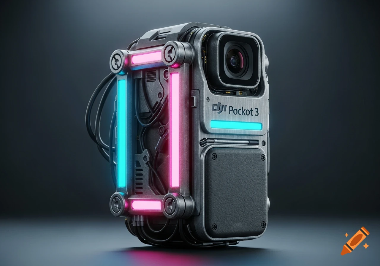 Cyberpunk style DJI Pocket 3 camera with weathered dark metal, exposed wires, and glowing blue and pink neon strips.