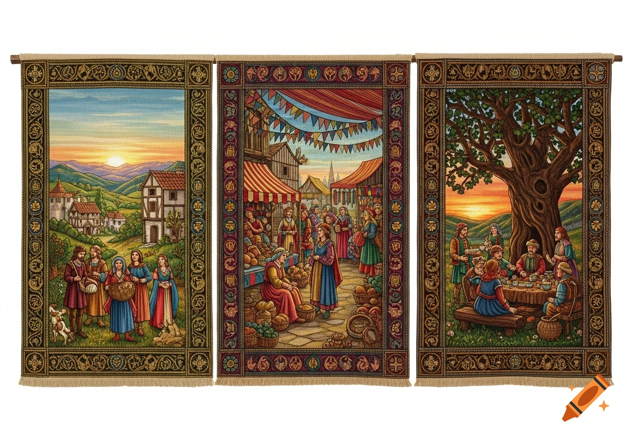 A three-panel tapestry depicting medieval life: a village scene at sunset, a bustling market, and a group dining under a large tree.