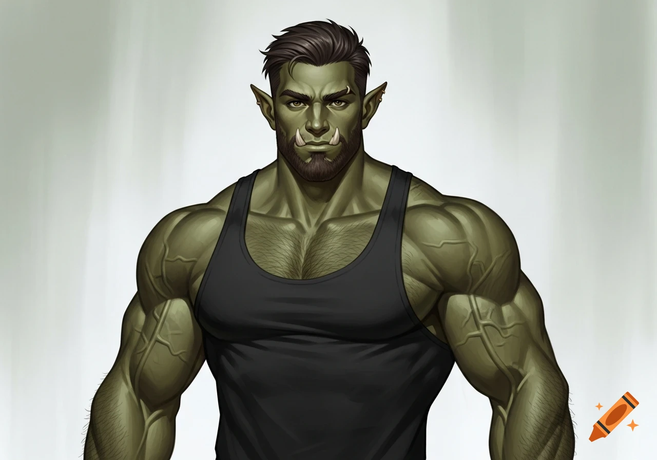 A muscular half-orc man with green skin, a beard, and pointed ears, wearing a black tank top, looks directly forward.