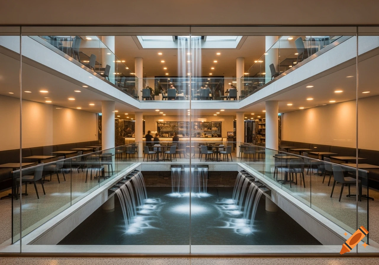 A multi-story modern interior features a central waterfall cascading into a pool, surrounded by glass railings and café seating.