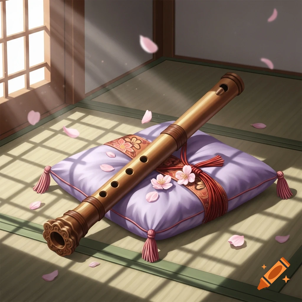 A shakuhashi flute rests on a purple cushion adorned with a floral band and tassels in a traditional Japanese room with cherry blossom petals scattered around.