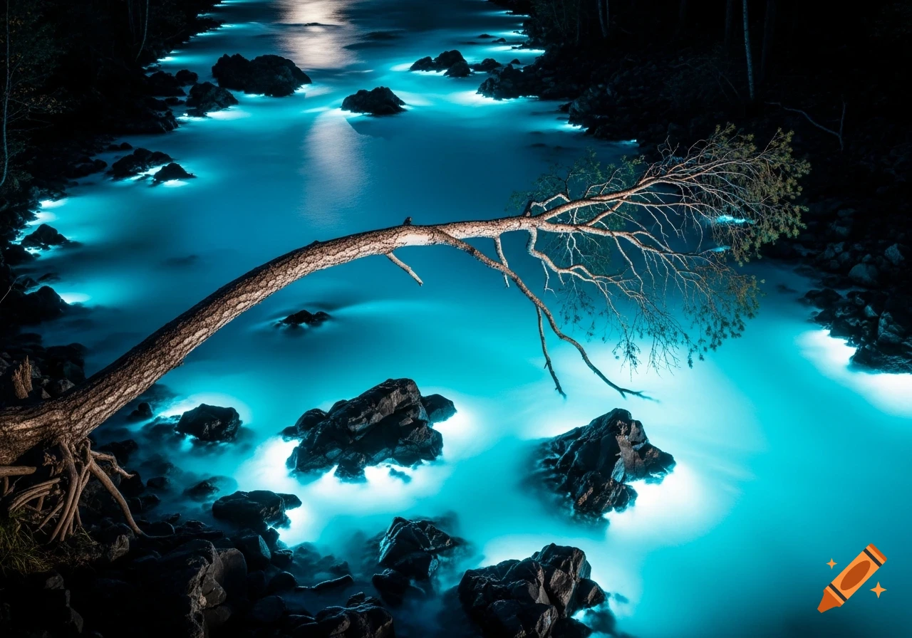 A vibrant glowing cyan river flows at night, illuminated by bioluminescent-like light, with a fallen tree spanning across it.