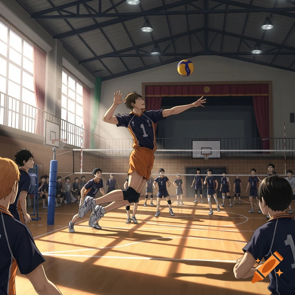 Anime-style male volleyball player in blue and orange uniform jumps to spike a ball in a gymnasium, with teammates.