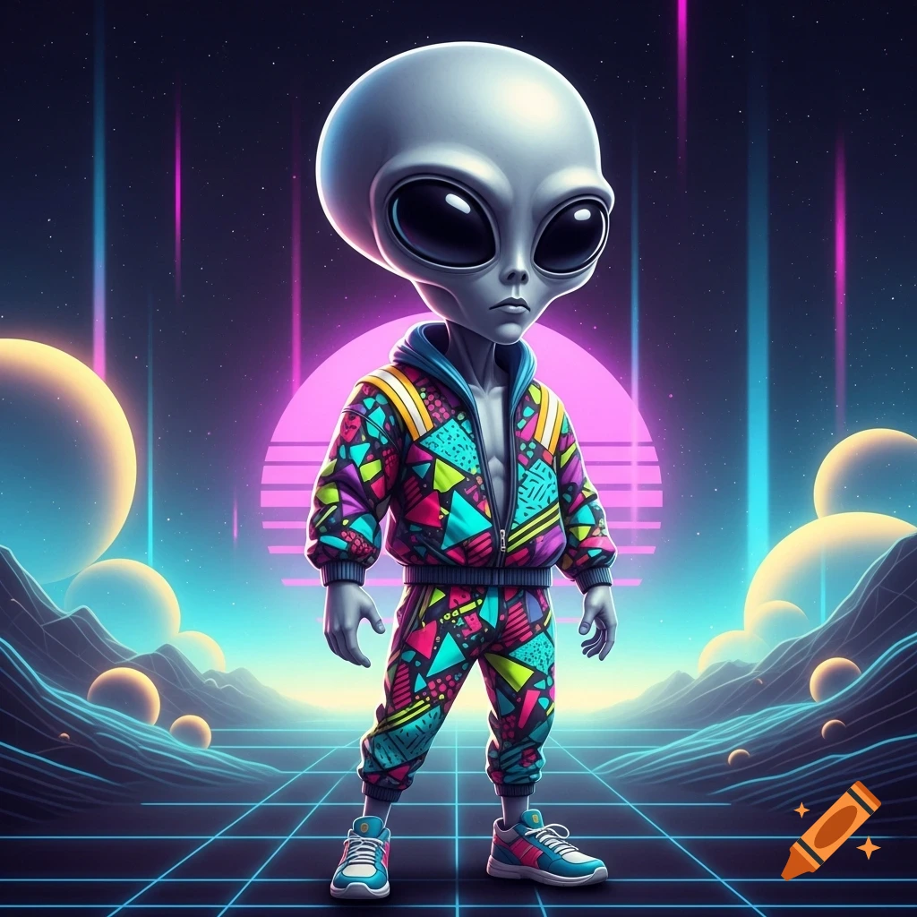 A stylized gray alien in a colorful 80s geometric tracksuit stands on a neon grid in a vaporwave landscape.