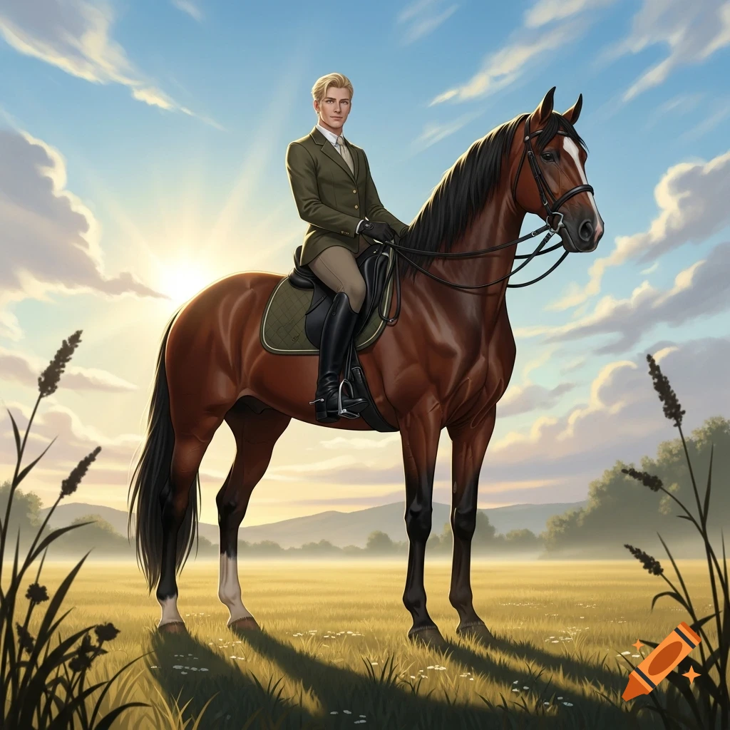 A blonde person in equestrian gear rides a brown horse in a sunlit grassy field with distant mountains.